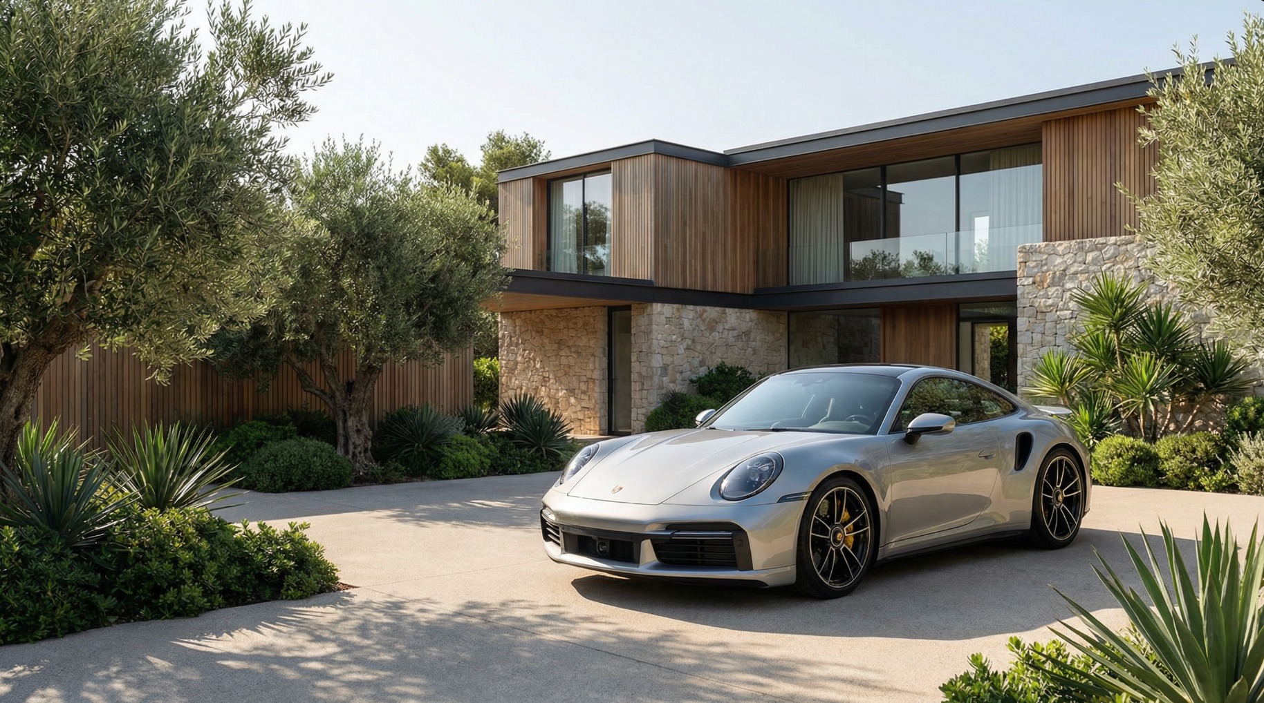 Premium sports car outside modern villa